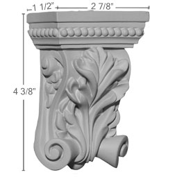 Ekena Millwork - COR02X01X04HE - Endurathane Helene Leaf Corbel, 2 7/8"W x 1 1/2"D x 4 3/8"H, Factory Primed
