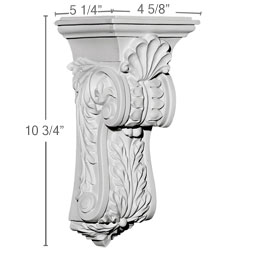 Ekena Millwork - COR04X05X10SC - Endurathane Scroll Leaf Corbel, 4 5/8"W x 5 1/4"D x 10 3/4"H, Factory Primed