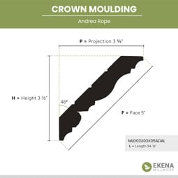 Ekena Millwork - MLD03X03X05AD - 3 1/2"H x 3 5/8"P x 5"F x 94 1/2"L Andrea Rope Carved Wood Crown Moulding