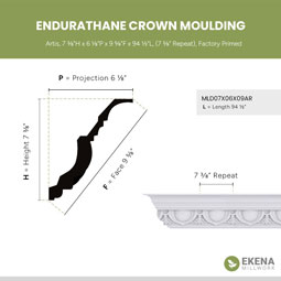 Ekena Millwork - MLD07X06X09AR - Endurathane Artis Crown Moulding, 7 3/8"H x 6 1/8"P x 9 5/8"F x 94 1/2"L, (7 3/8" Repeat), Factory Primed