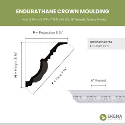 Ekena Millwork - MLD05X05X07AR - Endurathane Artis Crown Moulding, 5 5/8"H x 5 1/4"P x 7 5/8"F x 94 1/2"L, (6" Repeat), Factory Primed
