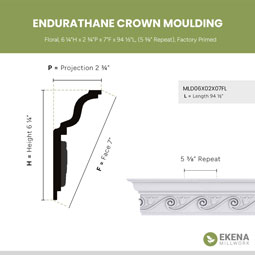 Ekena Millwork - MLD06X02X07FL - Endurathane Floral Crown Moulding, 6 1/4"H x 2 3/4"P x 7"F x 94 1/2"L, (5 3/8" Repeat), Factory Primed