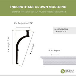 Ekena Millwork - MLD05X02X06BE - Endurathane Bedford Crown Moulding, 5 5/8"H x 2 1/4"P x 6"F x 94 1/2"L, (2 1/8" Repeat), Factory Primed