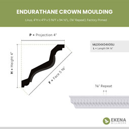 Ekena Millwork - MLD04X04X06LI - Endurathane Linus Crown Moulding, 4"H x 4"P x 5 5/8"F x 94 1/2"L, (7/8" Repeat), Factory Primed
