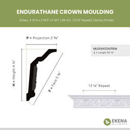 Ekena Millwork - MLD04X03X05EM - Endurathane Emery Crown Moulding, 4 1/2"H x 2 5/8"P x 5 1/8"F x 94 1/2"L, (13 1/4" Repeat), Factory Primed