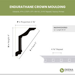 Ekena Millwork - MLD04X02X05ED - Endurathane Edwards Crown Moulding, 4"H x 2 7/8"P x 5"F x 94 1/2"L, (4 3/4" Repeat), Factory Primed