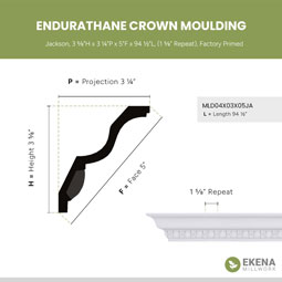 Ekena Millwork - MLD04X03X05JA - Endurathane Jackson Crown Moulding, 3 5/8"H x 3 1/4"P x 5"F x 94 1/2"L, (1 5/8" Repeat), Factory Primed