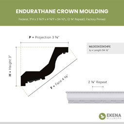 Ekena Millwork - MLD03X03X04FE - Endurathane Federal Crown Moulding, 3"H x 3 5/8"P x 4 5/8"F x 94 1/2"L, (2 3/4" Repeat), Factory Primed