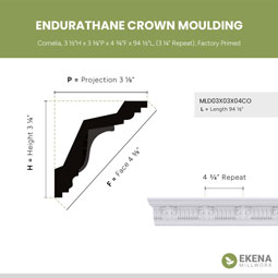 Ekena Millwork - MLD03X03X04CO - Endurathane Colton Crown Moulding, 3 1/4"H x 3 1/8"P x 4 3/8"F x 94 1/2"L, (4 5/8" Repeat), Factory Primed