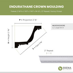 Ekena Millwork - MLD02X02X03FE - Endurathane Federal Crown Moulding, 2 3/8"H x 2 7/8"P x 3 5/8"F x 94 1/2"L, (2" Repeat), Factory Primed