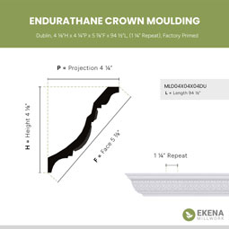 Ekena Millwork - MLD04X04X04DU - Endurathane Dublin Crown Moulding, 4 1/8"H x 4 1/4"P x 5 7/8"F x 94 1/2"L, (1 1/4" Repeat), Factory Primed