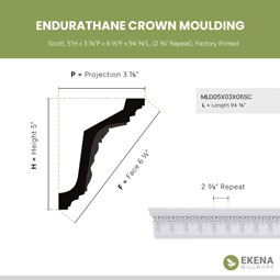 Ekena Millwork - MLD05X03X06SC - Endurathane Scott Crown Moulding, 5"H x 3 7/8"P x 6 1/2"F x 94 3/8"L, (2 3/8" Repeat), Factory Primed