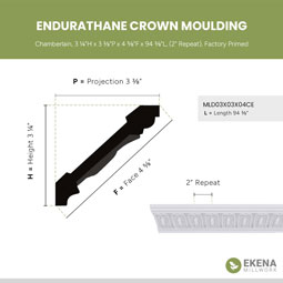 Ekena Millwork - MLD03X03X04CE - Endurathane Chamberlain Crown Moulding, 3 1/4"H x 3 3/8"P x 4 5/8"F x 94 3/8"L, (2" Repeat), Factory Primed