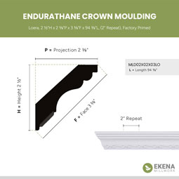 Ekena Millwork - MLD02X02X03LO - Endurathane Loera Crown Moulding, 2 1/2"H x 2 3/8"P x 3 3/8"F x 94 3/8"L, (2" Repeat), Factory Primed