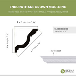 Ekena Millwork - MLD03X03X04BD - Endurathane Beaded Rope Crown Moulding, 3 1/4"H x 3 3/8"P x 4 5/8"F x 94 1/2"L, (1 1/4" Repeat), Factory Primed