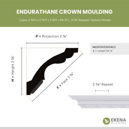 Ekena Millwork - MLD03X03X04LO - Endurathane Loera Crown Moulding, 2 7/8"H x 2 7/8"P x 3 7/8"F x 94 1/2"L, (2 5/8" Repeat), Factory Primed