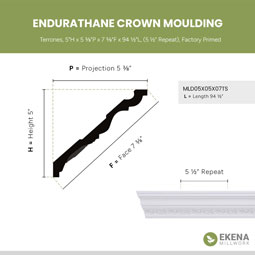 Ekena Millwork - MLD05X05X07TS - Endurathane Terrones Crown Moulding, 5"H x 5 3/8"P x 7 3/8"F x 94 1/2"L, (5 1/2" Repeat), Factory Primed