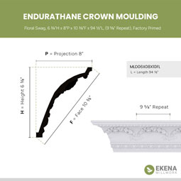 Ekena Millwork - MLD06X08X10FL - Endurathane Floral Swag Crown Moulding, 6 3/8"H x 8"P x 10 3/8"F x 94 1/2"L, (9 5/8" Repeat), Factory Primed