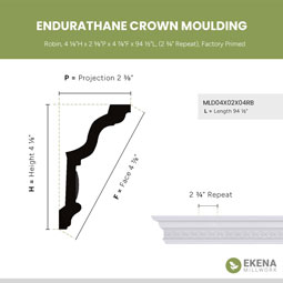 Ekena Millwork - MLD04X02X04RB - Endurathane Robin Crown Moulding, 4 1/8"H x 2 3/8"P x 4 7/8"F x 94 1/2"L, (2 3/4" Repeat), Factory Primed
