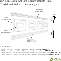 Ekena Millwork - WPKUDP - Ashford Square Double Panel Traditional Wainscot Paneling Kit