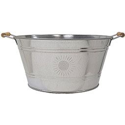 Houston International Trading - HI6083SUN - 13 1/2"W x 13 1/2"D x 8"H Galvanized Steel Tub, Planter w/ Wood Handles, Sun Engraving
