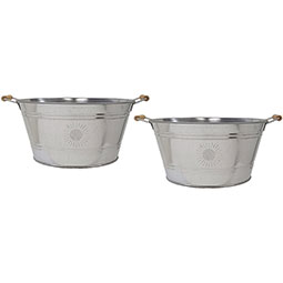 Houston International Trading - HI6083SUN-S/2 - 13 1/2"W x 13 1/2"D x 8"H Galvanized Steel Tub, Planter w/ Wood Handles, Sun Engraving, Two-Count S/2