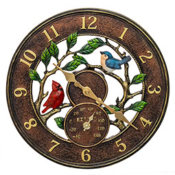 Headwind Consumer Products - HW850-0063 - 14"W x 3"D x 14"H EZRead Indoor/Outdoor Decorative Backyard Birds Thermometer w/ Clock