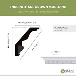 Ekena Millwork - MLD03X02X03LO - Endurathane Loera Crown Moulding, 2 1/2"H x 2 1/8"P x 3"F x 94 1/2"L, Factory Primed