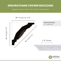 Ekena Millwork - MLD03X03X04GV - Endurathane Grapevine Crown Moulding, 2 3/4"H x 2 3/4"P x 3 7/8"F x 94 1/2"L, Factory Primed