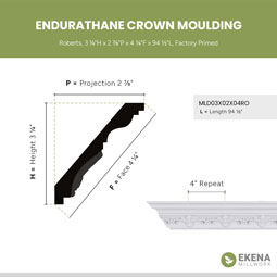 Ekena Millwork - MLD03X02X04RO - Endurathane Roberts Crown Moulding, 3 1/4"H x 2 7/8"P x 4 1/4"F x 94 1/2"L, Factory Primed