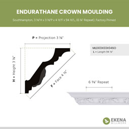 Ekena Millwork - MLD03X03X04SO - Endurathane Southhampton Crown Moulding, 3 1/8"H x 3 1/8"P x 4 1/2"F x 94 1/2"L, (6 1/4" Repeat), Factory Primed