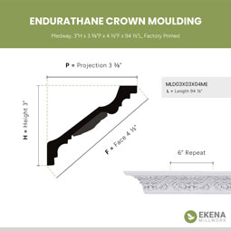 Ekena Millwork - MLD03X03X04ME - Endurathane Medway Crown Moulding, 3"H x 3 3/8"P x 4 1/2"F x 94 1/2"L, Factory Primed