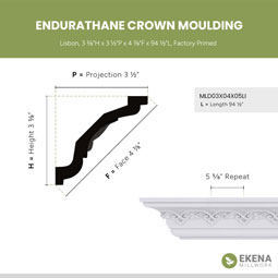 Ekena Millwork - MLD03X04X05LI - Endurathane Lisbon Crown Moulding, 3 3/8"H x 3 1/2"P x 4 7/8"F x 94 1/2"L, Factory Primed