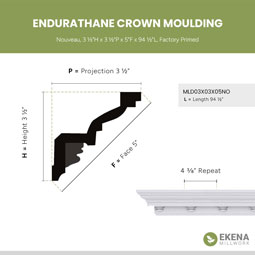 Ekena Millwork - MLD03X03X05NO - Endurathane Nouveau Crown Moulding, 3 1/2"H x 3 1/2"P x 5"F x 94 1/2"L, Factory Primed