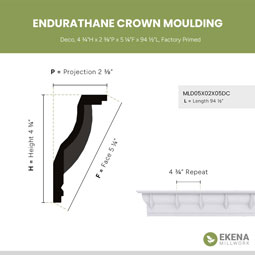 Ekena Millwork - MLD05X02X05DC - Endurathane Deco Crown Moulding, 4 3/4"H x 2 3/8"P x 5 1/4"F x 94 1/2"L, Factory Primed