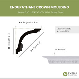 Ekena Millwork - MLD04X04X05BQ - Endurathane Baroque Crown Moulding, 3 3/4"H x 3 3/4"P x 5 1/4"F x 94 1/2"L, Factory Primed