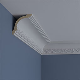 Ekena Millwork - MLD04X04X05BQ - Endurathane Baroque Crown Moulding, 3 3/4"H x 3 3/4"P x 5 1/4"F x 94 1/2"L, Factory Primed