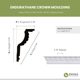 Ekena Millwork - MLD05X02X05AN - Endurathane Anise Crown Moulding, 4 3/4"H x 2 3/8"P x 5 1/4"F x 94 1/2"L, Factory Primed