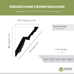 Ekena Millwork - MLD05X04X06HA - Endurathane Hampshire Crown Moulding, 4 1/2"H x 3 1/2"P x 5 3/4"F x 94 1/2"L, Factory Primed