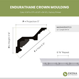 Ekena Millwork - MLD04X05X07CO - Endurathane Cole Crown Moulding, 4 1/8"H x 5"P x 6 1/2"F x 94 1/2"L, Factory Primed