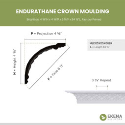Ekena Millwork - MLD05X05X06BR - Endurathane Brightton Crown Moulding, 4 5/8"H x 4 5/8"P x 6 1/2"F x 94 1/2"L, Factory Primed