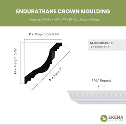 Ekena Millwork - MLD05X05X07HE - Endurathane Heaton Crown Moulding, 5 1/8"H x 4 3/4"P x 7"F x 94 1/2"L, Factory Primed