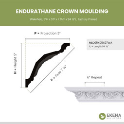 Ekena Millwork - MLD05X05X07WA - Endurathane Wakefield Crown Moulding, 5"H x 5"P x 7 1/8"F x 94 1/2"L, Factory Primed