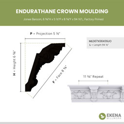 Ekena Millwork - MLD07X06X09JO - Endurathane Jonee Barsom Crown Moulding, 6 5/8"H x 5 1/2"P x 8 5/8"F x 94 1/2"L, Factory Primed