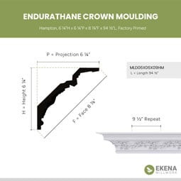 Ekena Millwork - MLD06X06X09HM - Endurathane Hampton Crown Moulding, 6 1/4"H x 6 1/4"P x 8 7/8"F x 94 1/2"L, Factory Primed