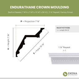 Ekena Millwork - MLD07X07X10BE - Endurathane Bedford Beaded Crown Moulding, 7 3/8"H x 7 1/4"P x 10 1/4"F x 94 1/2"L, (1 1/2" Repeat), Factory Primed