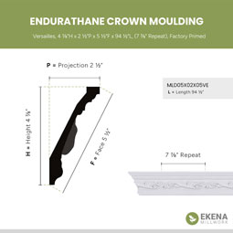 Ekena Millwork - MLD05X02X05VE - Endurathane Versailles Crown Moulding, 4 7/8"H x 2 1/2"P x 5 1/2"F x 94 1/2"L, (7 7/8" Repeat), Factory Primed