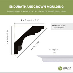 Ekena Millwork - MLD02X02X03ED - Endurathane Edinburgh Roped Crown Moulding, 2 1/4"H x 2 3/8"P x 3 1/4"F x 94 1/2"L, (1/2" Repeat), Factory Primed