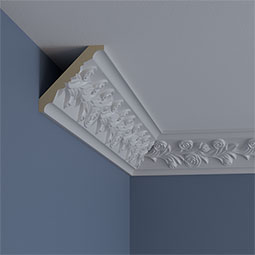 Ekena Millwork - MLD04X04X05RO - Endurathane Rose Crown Moulding, 3 7/8"H x 3 7/8"P x 5 1/2"F x 94 1/2"L, (1/2" Repeat), Factory Primed