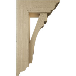 Ekena Millwork - BKTUR0554X16X28MRC01RCPR - Timberthane Faux Wood Merced Style Bracket w/ Offset Brace, Traditional Ends, 5 1/2"W x 16"D x 28"H, Primed Tan